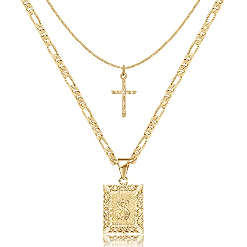 KELORIS PATH Gold Layered Initial Cross Necklace, 14K Gold Plated Layering Square Letter Pendant Figaro Chain Cross Choker from A-Z Capital Jewelry for Women Girls