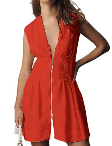 Image of Women's V Neck Summer Dress Cap Sleeve Zipper Mini Dress Smocked Slit Dress with Pockets