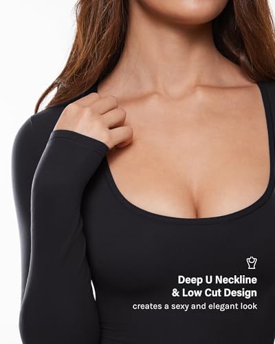 INLYRIC Women's Inbarely Soft Deep U Neck Double Lined Long Sleeve Tops Going Out Slim Fitted Trendy T-Shirts3