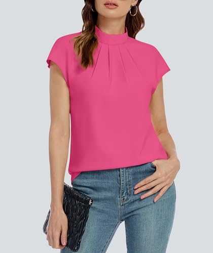 Image of Funlingo Womens Summer Tops Mock Neck Short Cap Sleeve Blouses Business Casual Work Chiffon Shirts Front Pleated Tunic Top