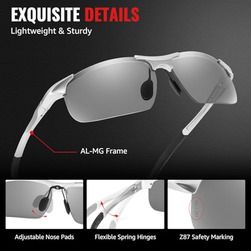 Image of TJUTR Mens Photochromic Sunglasses Day & Night Driving Z87 Sun Glasses Polarized UV400 Protection Safety Glasses