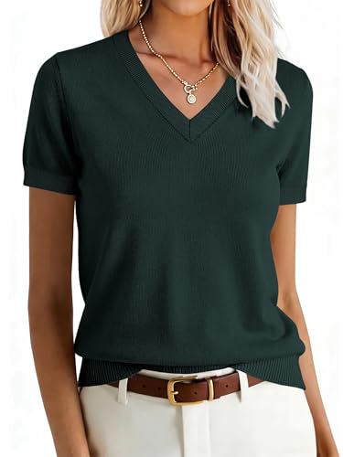 Image of ANRABESS Women Wool Blend Sweater Summer 2026 Short Sleeve V Neck Pullover Top Business Casual Outfit Beach Vacation Clothes