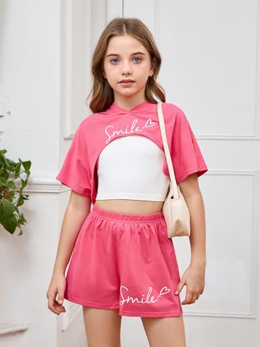 Image of SweatyRocks Girl's 3 Piece Outfits Letter Print Short Sleeve Hooded Tops and Cami Tops with Shorts Set