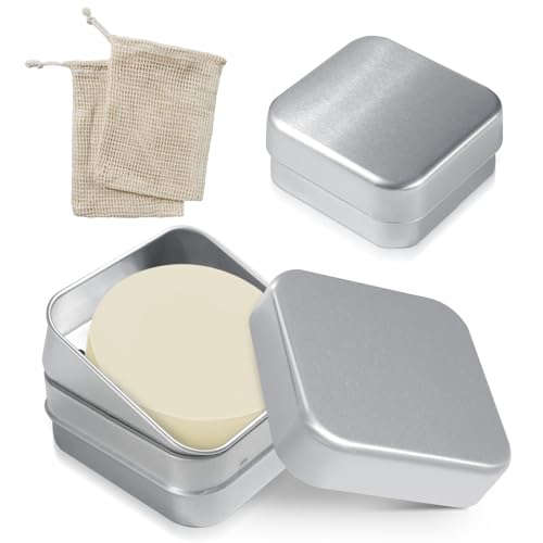 2 Pièces Boîte à Savon de Voyage, Boîte à Savon en Aluminium avec Grille d'Égouttage et Couvercle, Petite Boîte à Savon Carrée avec Sac à Savon, pour...