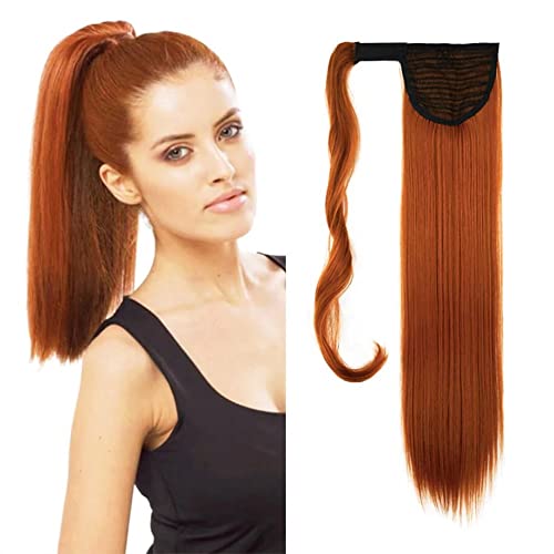iLUU Wrap Around Pferdeschwanz Clip in Glatthaarverlängerungen 24inch 100g Synthetischer Clip am Haarteil #119 Kupfer Orange Rot Pferdeschwanzverlängerung für Mädchen Lady Frauen Cover