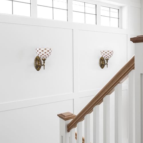 Image of Tiffany Style Wall Sconce Amber White Pearls Stained Glass Bedside Lamp with Classic 8 Inches Lampshade for Bedroom Hallway Living Room Home Office