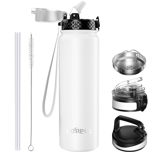 GOPPUS 1L/32oz Stainless Water Bottle with Straw Double Wall Insulated Bottles with Strap Reusable Vacuum Thermal Flask Leakproof Keep Cold Drinks Bottles with Flip Top Lid for Gym Men Women BPA Free