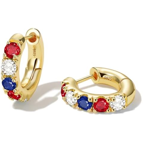 GLoquat 4th of July Earring 14k Gold Plated American Flag CZ Hoop Earring for Women Sterling Silver Post Red White and Blue Hoops Hypoallergenic Trendy Patriotic Memorial Day Jewelry Gift Cover