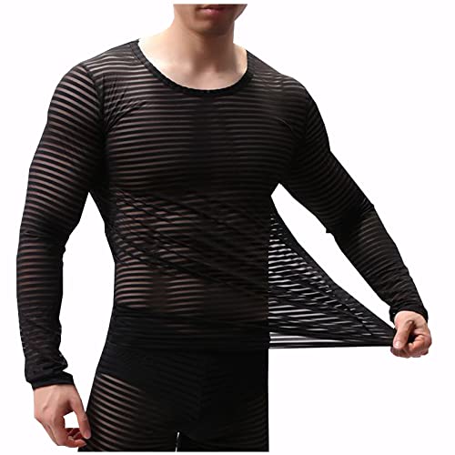 Men's Sexy Mesh Underwear T-Shirts See Through Long Sleeve T Shirts Mesh Undershirts Lingerie Sheer Nightwear Tops