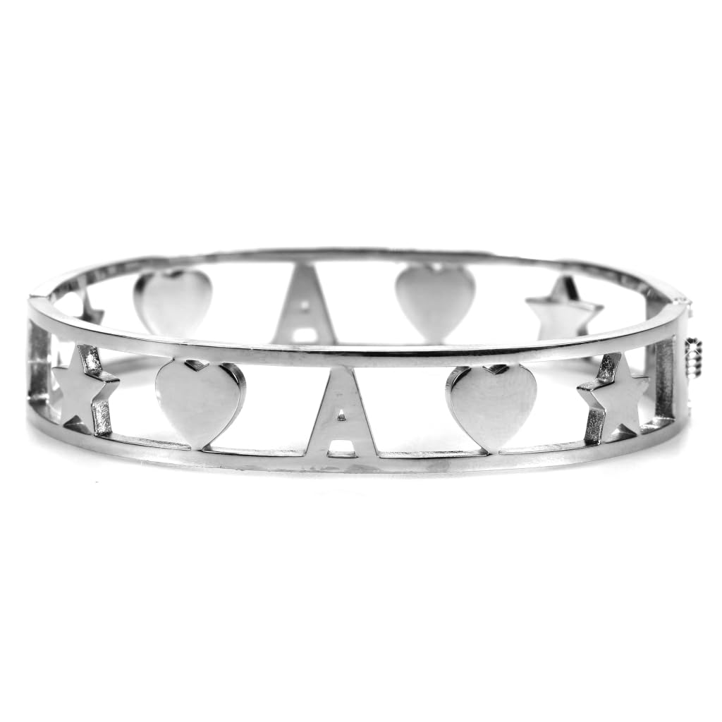Flowers Bracciale Rigido a Manetta Interamente in Acciaio e zirconcini con Lettera Iniziale Nome e cuori Colorazioni Oro e Argento