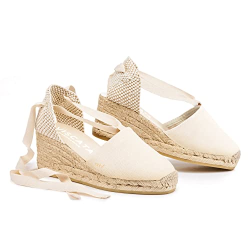VISCATA Escala Espadrille Canvas Wedges with Sleek Ankle Laces Women's Lace Up Shoes Handmade in Spain Organic Cotton Canvas and 100% Natural Jute Midsole for All Occasions