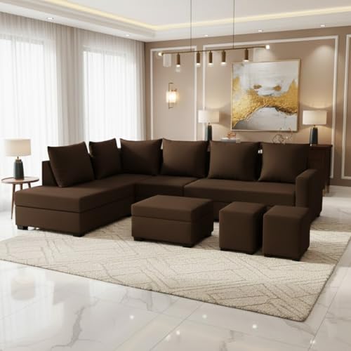 Image of FURNY Gloria 8 Seater Fabric LHS L Shape Sofa Set with 1 Centre Table & 2 Puffy (Dark Brown) Premium Velvet Finish | Ideal of Living Room