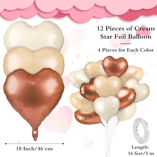 Image of Atpata Funky Boho Theme Foil Balloons - White Sand, Nude Cream, Tan Brown Caramel Shades - Stars and Hearts Shape - for Weddings, Birthdays, Baby Showers, and Party Decorations (12pcs, Hearts)
