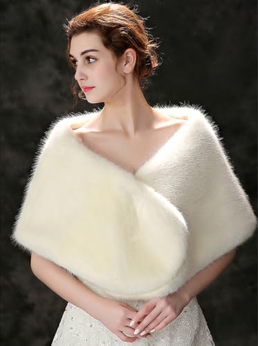 Teyglen Bridal Faux Fur Wrap Shawl Cape for Women Wedding Evening Party White Fur Stole Wrap with Brooch Warm Cover Fur Scarf3