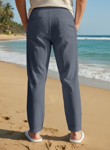Image of Men's Linen Drawstring Pants, Casual Beach Trousers, Lightweight Breathable