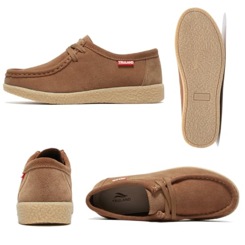 Image of TRULAND Leather Oxford Shoes for Women - Suede Lace Up Moc Toe Low Platform Flat Wallabees Shoes