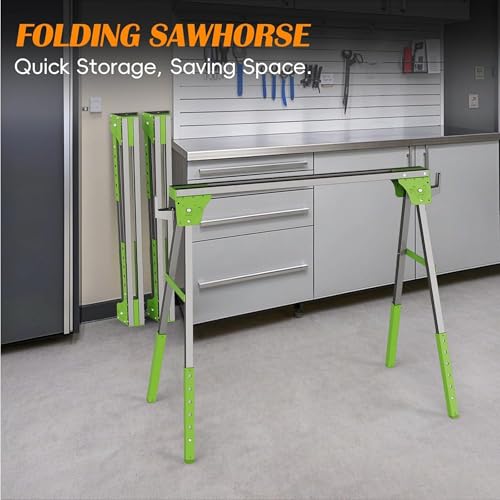 Image of Adjustable Height Sawhorse 2 Pack, Folding Portable Saw Horses with 30-34 inch Adjustable Legs, Heavy Duty Steel Pro Bench Saw Horse for Woodworking, Carpenters, Contractors, Fully Assembled (green)