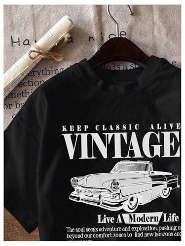 Image of RoseSeek Women's Graphic Letter Tee Crew Neck Drop Shoulder Trendy Summer T Shirt Short Sleeve Vintage Car Print Top