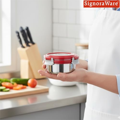 Image of Signoraware Lock N Store Stainless Steel Round Container With Steel Lid | Airtight & Leakproof | Compact & Durable | Ideal for Snacks, Office, School & Travel Use (350ml | Red)