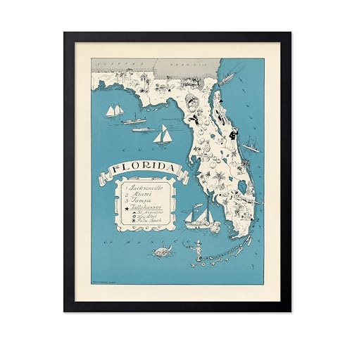 Poster Master Vintage Map Poster - Retro Florida Print - Pictorial Cartoon Map Art - Gift for Men, Women, Travel Lover - Fun Decor for Bedroom, Kid's Room, Living Room, 16x20 Black Framed