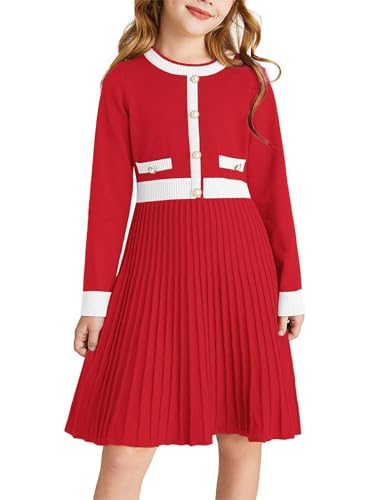 GRACE KARIN Mädchen Langarm Strickkleid Prinzessin Elegant Rundhals Festlich Kleid für Hochzeit Winter Pulloverkleid Rot 5-6 Jahre