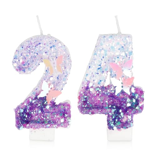 Bougie chiffre 24 violette avec papillon pour gâteau d'anniversaire