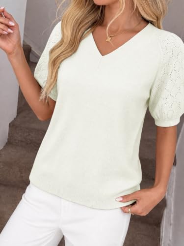 LaGracia Puff Short Sleeve Sweater for Women Summer Puff Sleeve Sweater Tops Spring V Neck Cauasl Dressy Shirts Cute 2026 White 2XL — view 3