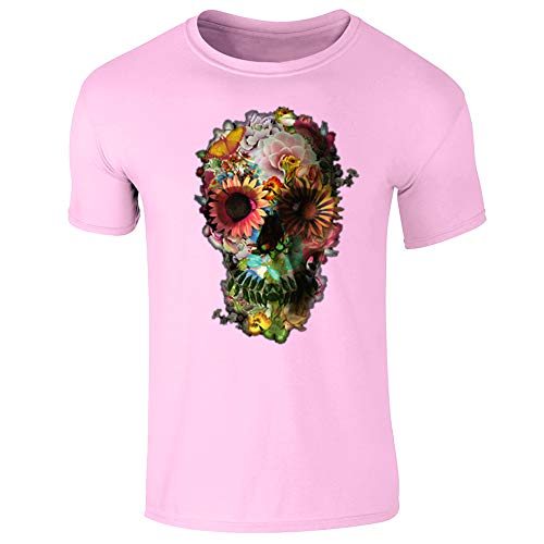 Floral Skull Skeleton Flowers Mens T-Shirt Light Pink (S)