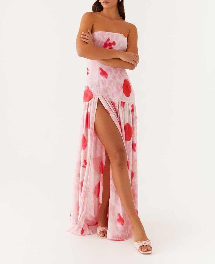 Image of Women Floral Strapless Maxi Dress Y2K Bodycon Tube Long Dresses Sexy Party Formal Cocktail Beach Slit Dress