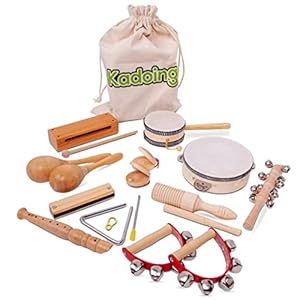 Kadoing 18-Delige Houten Muziekinstrumenten Set – Duurzaam Cadeau – Educatief Speelgoed – Verjaardag Thuis – Montessori School – Triangel – Tamboerijn – Fluit – Blokfluit – Rammelaar – Mondharmonica – Kinderspeelgoed – Muziek Voor Kinderen (18-delige Muziek Set incl. Opbergzak)