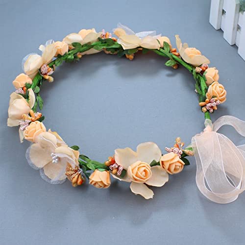 Flower Crown Headband Wreath Garland Hair Bands Floral Wedding Bridal Hair Hoop Women Leaf Ribbon Party Decoration Headdress Headwear Christmas Handmade Headpiece Hair Accessories 2 Pack Orange - Thumbnail 7