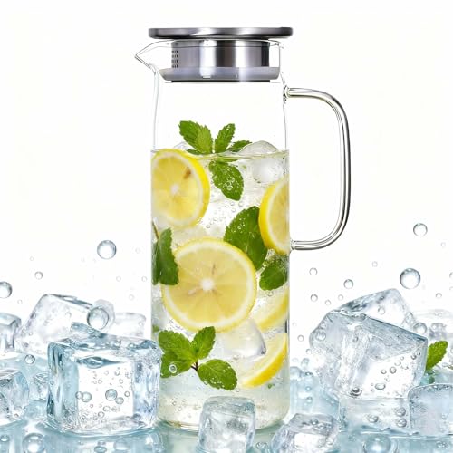 LTHERMELK Glaskaraffe 1.5 L, Karaffe Mit Deckel Und AusgießEr 1.5 Liter Kaltes Oder HeißEs Wasser - GeträNkekanne FüR Hausgemachten Eistee Und Saft