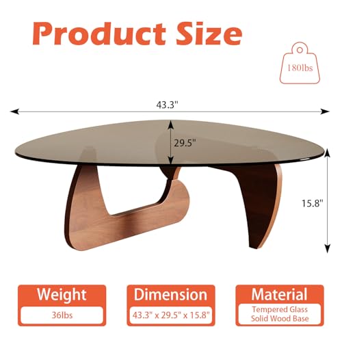 Image of Modern Coffee Table for Living Room and Small Spaces, 43.3 inch x 29.5 inch x 15.8 inch Triangle Tempered Glass Table Top and Eco-Friendly Solid Wood Base, Walnut
