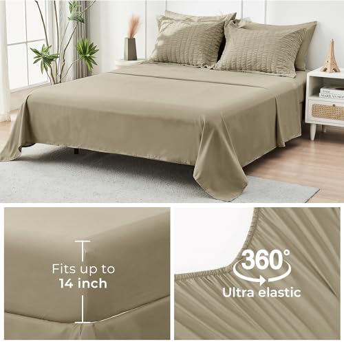 Image of HYMOKEGE Linen Oversized Queen Comforter Set Seersucker 7 Pieces, All Season Luxury Bed in a Bag for Bedroom, Bedding Set with Comforter, Sheets, Pillowcases & Shams