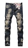FEESON Men's Straight Leg Slimming Fit Distressed Loose Denim Jeans Dark Camo 010 W38