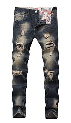 FEESON Men's Straight Leg Slimming Fit Distressed Loose Denim Jeans Dark Camo 010 W38