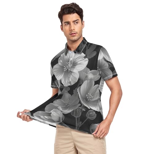 Polo respirant pour homme séchage rapide motif géranium noir et blanc