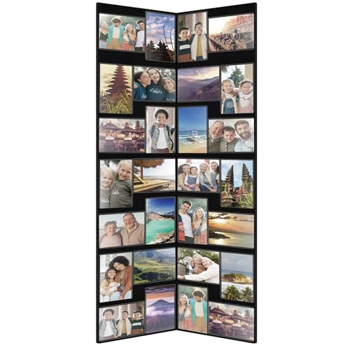 Qunclay Floor Standing Collage Picture Photo Frame Decorative 32 Openings 4 x 6 Inch Hinged Folding Partition Screen Style Picture Frame Black Felt Multiple Photo Display Board for Wall Corner