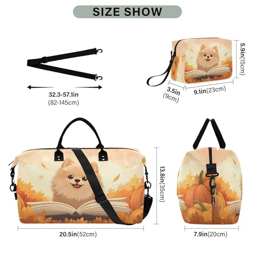 Weekender Bags Travel Duffel Gym Bag A Happy Pomeranian Poked Its Head Out Of An Open Book Surrounded by Pumpkins and Warm Autumn Leaves Carry on Overnight Tote Bag with Toiletry Bag for Airplane Tra3