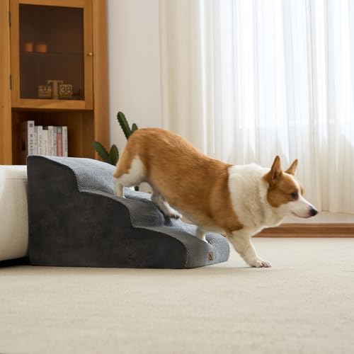 Hundetreppe für kleine Hunde, 3 Stufen 40cm Hoch Haustiertreppe, Waschbar rutschfest, Katzentreppe für Alte Katzen Für Bett, Sofa, Couch Grau