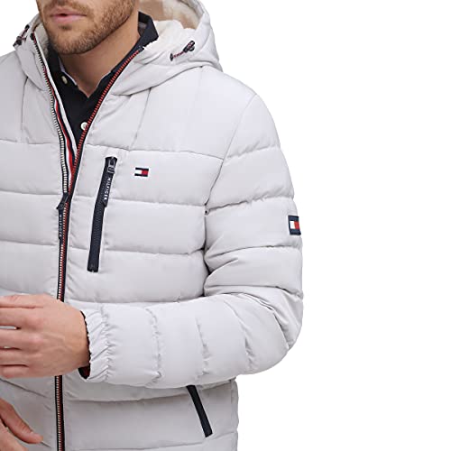 Tommy Hilfiger Herren Midweight Sherpa Lined Hooded Water Resistant Puffer Jacket Mantel, Ice Tech, L