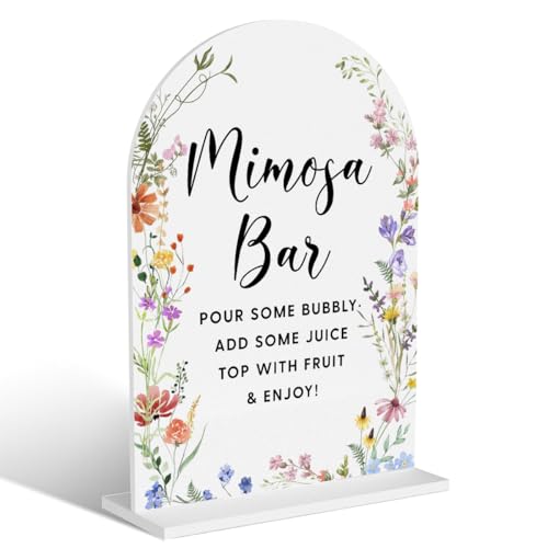 Acrylic Wedding Signs Mimosa Bar Signs for Marriage Reception Bridal Shower Decorations Modern Arched Round Top Acrylic Table Top Sign with Holder for Wedding Party Dinner (White Wildflowers)