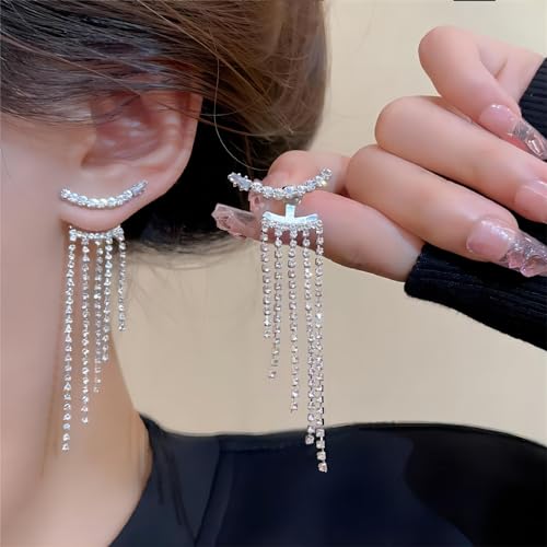 Long Tassel Earrings for Women Sparkle Rhinestone Silver Prom Dress Earring Dangly Crystal Front Back Climber Ear Stud For Wedding Birthday Party Dresses Outfits Jewelry2