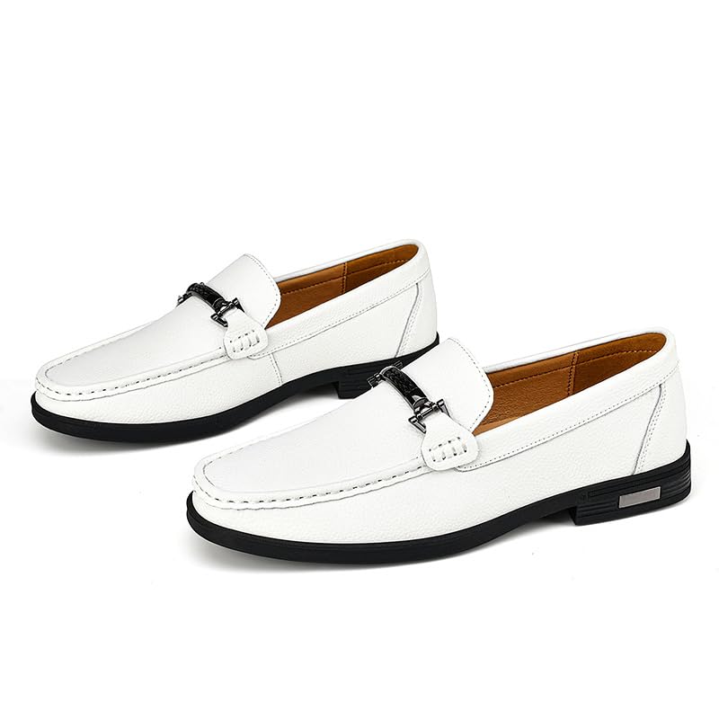 Men's Classic Leather Loafers, Slip-on Dress Shoes with Metal Buckle, Formal Business Moccasins,Black,White3