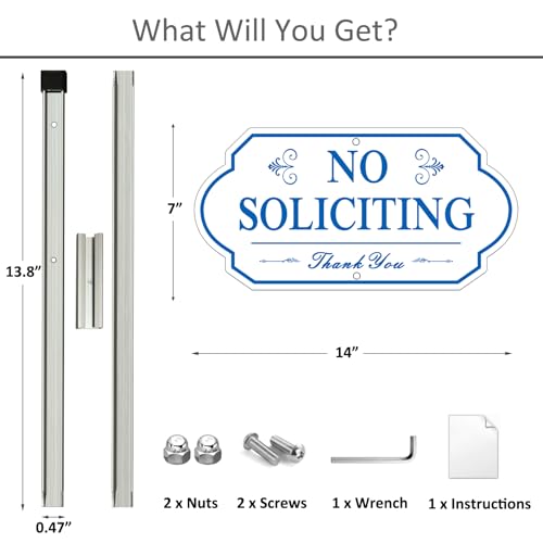 Image of Heavy Duty No Soliciting Sign for House - All Metal Construction No Soliciting Yard Sign - 14 inch x 7 inch - Aluminum - with 28 inch Long Stake (BLUE and WHITE)