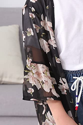 Image of GORLYA Girl's Floral Print Chiffon Beach Cardigan Cover ups Kids Casual Kimono Capes Swimsuit Wraps