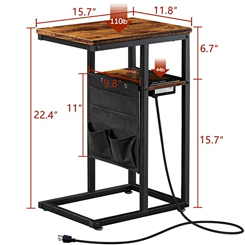 SUPERJARE-C-Table-with-Charging-Station-Small-Side-Table-C-Shaped-End-Tablewith-Fabric-Bag-for-Small-Spaces-Living-Room-Bedroom-Rustic-Brown