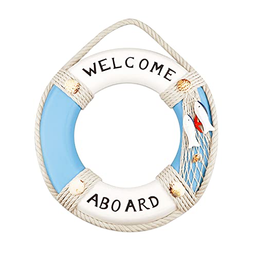 12.2" Nautical Beach Wooden Life Ring Decorative Life Buoy Wood Lifebuoy Wall Art Door Hanging Decor Life Buoy Hanging Ornament Life Ring Beach Theme Home Decoration, Light Blue&White