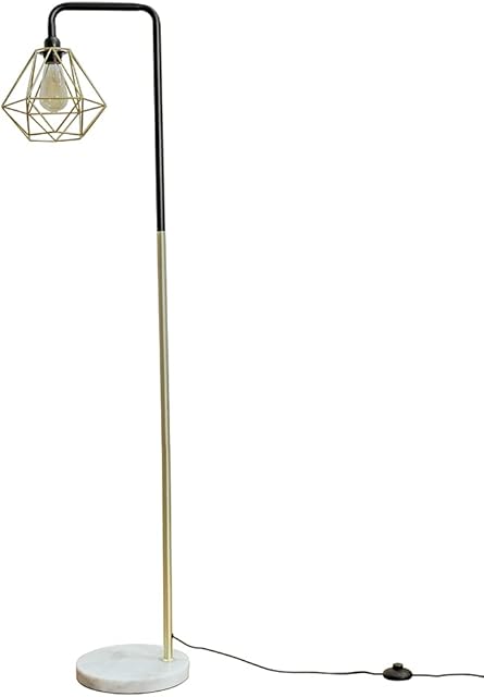 MiniSun Retro Style Black/Gold Metal & White Marble Floor Lamp with a Gold Metal Basket Cage Shade