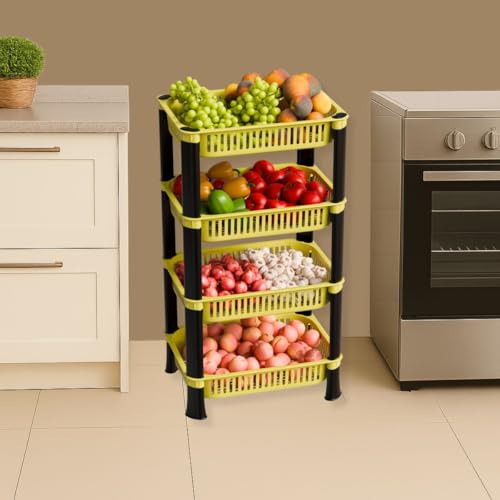 Image of Plastic Kitchen Rack, Multipurpose Vegetable & Fruit Storage Basket Organizer for Home, Pantry & Kitchen - Strong & Easy to Assemble (4 Layer, Yellow)